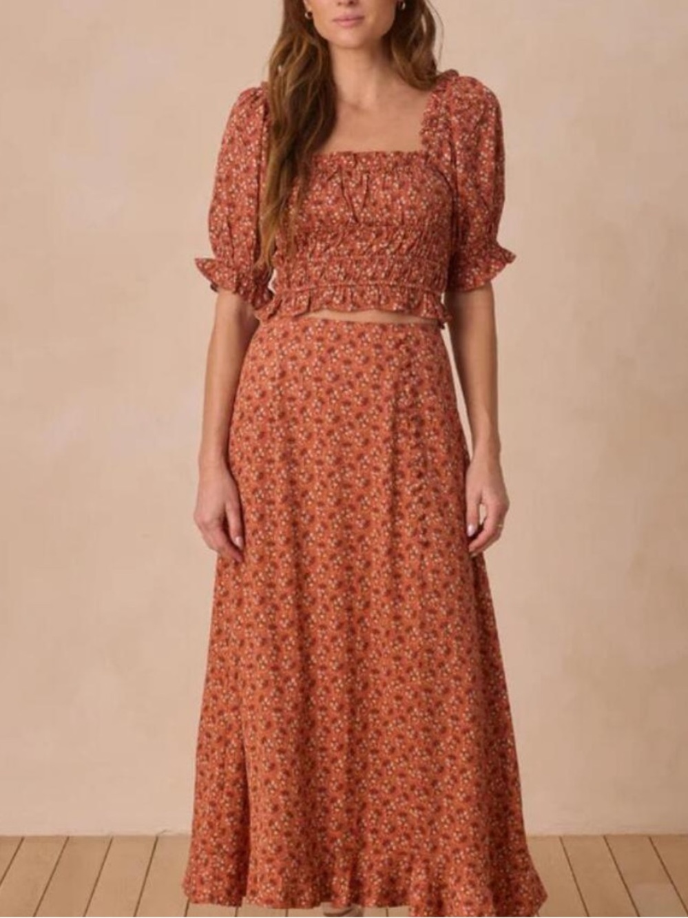 Rylee + Cru Rust Floral Smocked Crop Top & Flowing Maxi Skirt